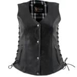 Black Flannel Motorcycle Biker Rider Leather Vest with Snap Button Closure for Women